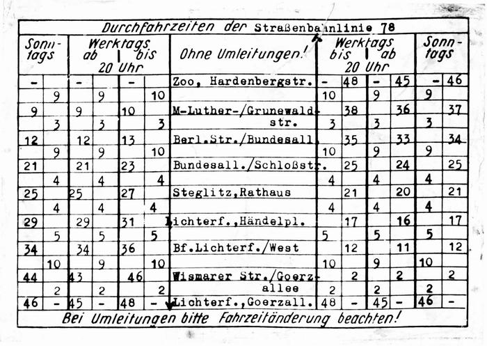 BVG Berlin - Durchfahrtsplan des Fahrers fr die Linie 78 